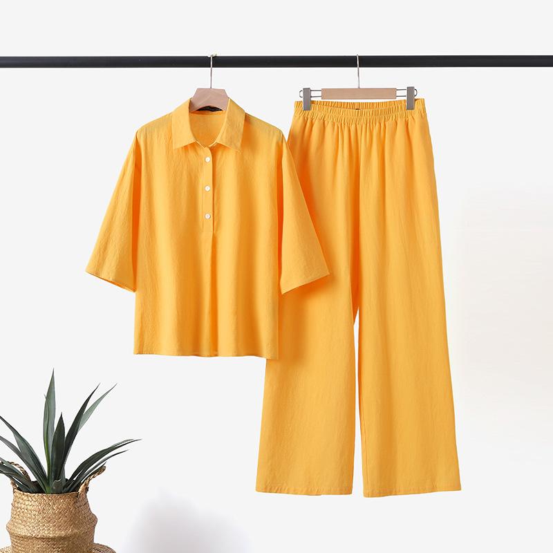 Women Linen Two Piece Set Button Shirt Wide Leg Pants Casual Loose Outfit