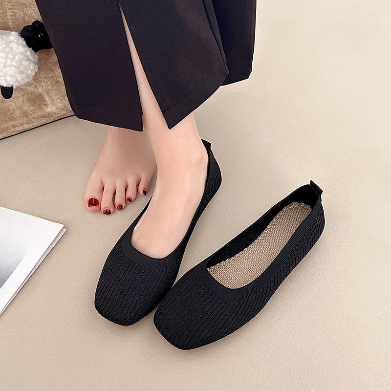 Fashion Knit Flats Autumn New Square Toe Shallow Mesh Breathable Soft Sole Non-Slip Sneakers