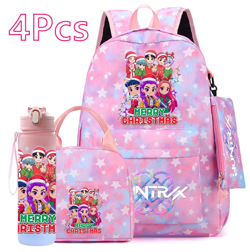 4 st/set Jul K-POP Tryckt Ryggsäck Handväska Pennskrin 750 ml Vattenflaska för Tonåring Pojke Flicka Bokväska Skolväska Med Drickmugg Barnpresent