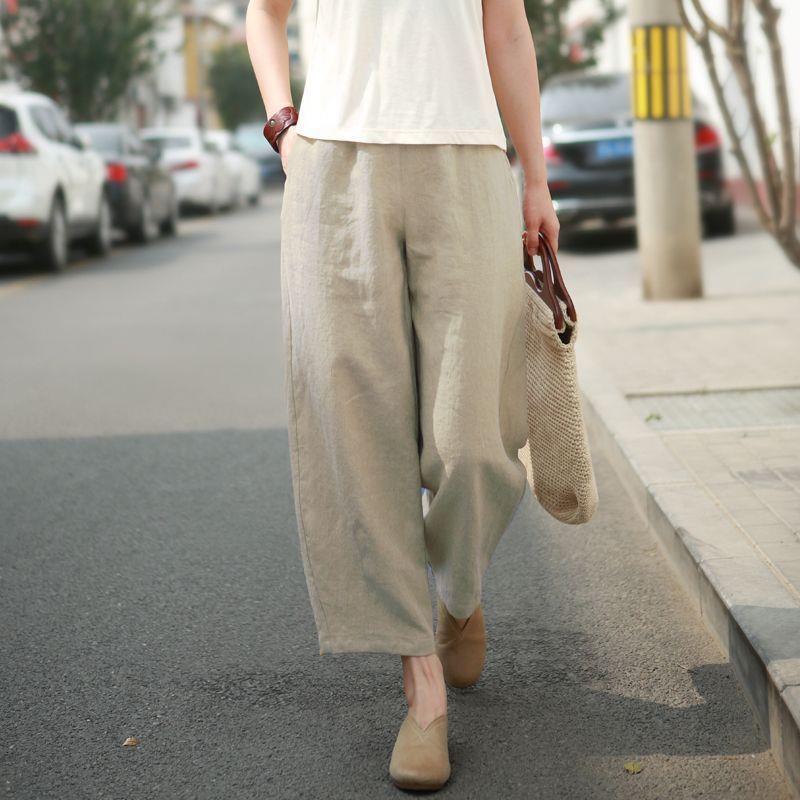 

Women s Summer Harem Cotton Linen Pants - Artistic Solid Color Straight Slim Fit, Nine-Point Length L (105-120 jin) абрикосовий