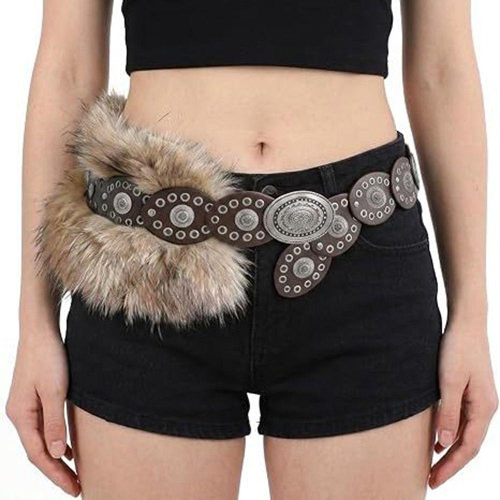 PU Leather Fur Waistband Faux Fur Jeans Waist Belt Unique Punk Studded Belt Y2K Style