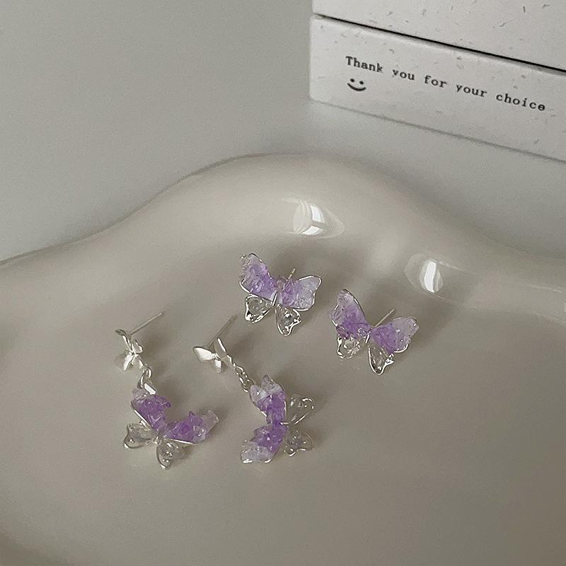 Matte Metal Purple Zircon Crystal Butterfly Stud Earrings Female Niche Personality Versatile Temperament Fashion Earrings Earrings