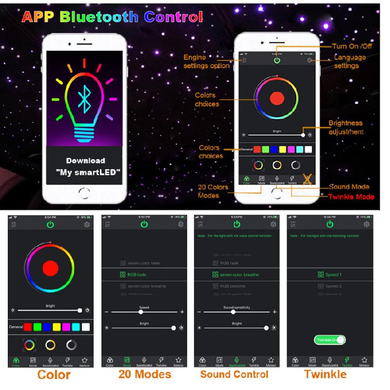 Twinkle Led Light With Fiber Optic Cable, Smartphone Control Via Bluetooth, App, 12W Music Remote Control