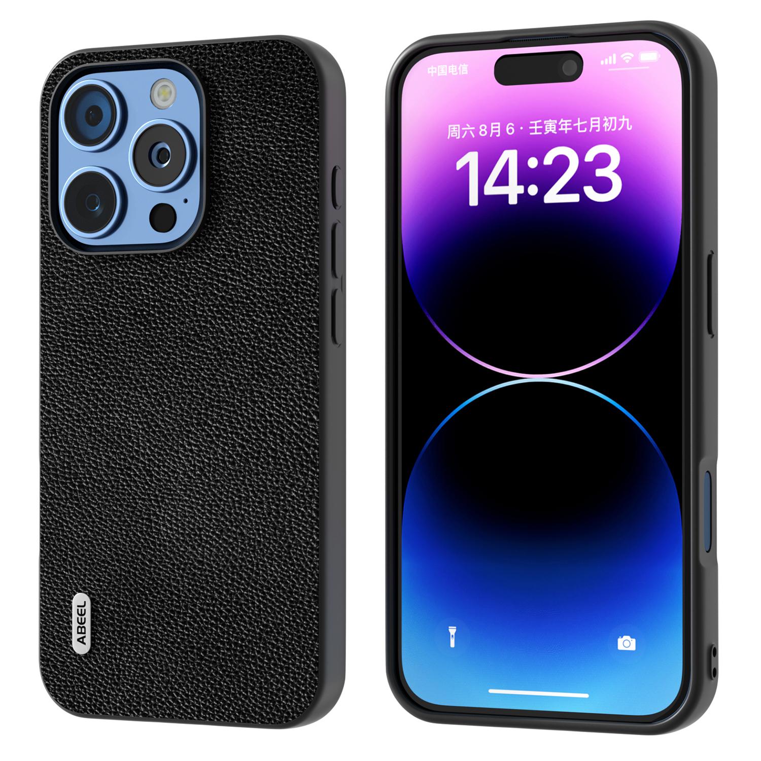 ABEEL For iPhone 16 Pro Case Litchi Texture Genuine Cow Leather+PC Phone Cover D