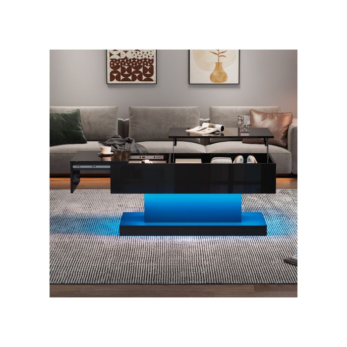 Table Basse LED Haute Brillance Table Basse 100x50x45 Cm, Avec Éclairage LED - Plateau Semi-soulevable