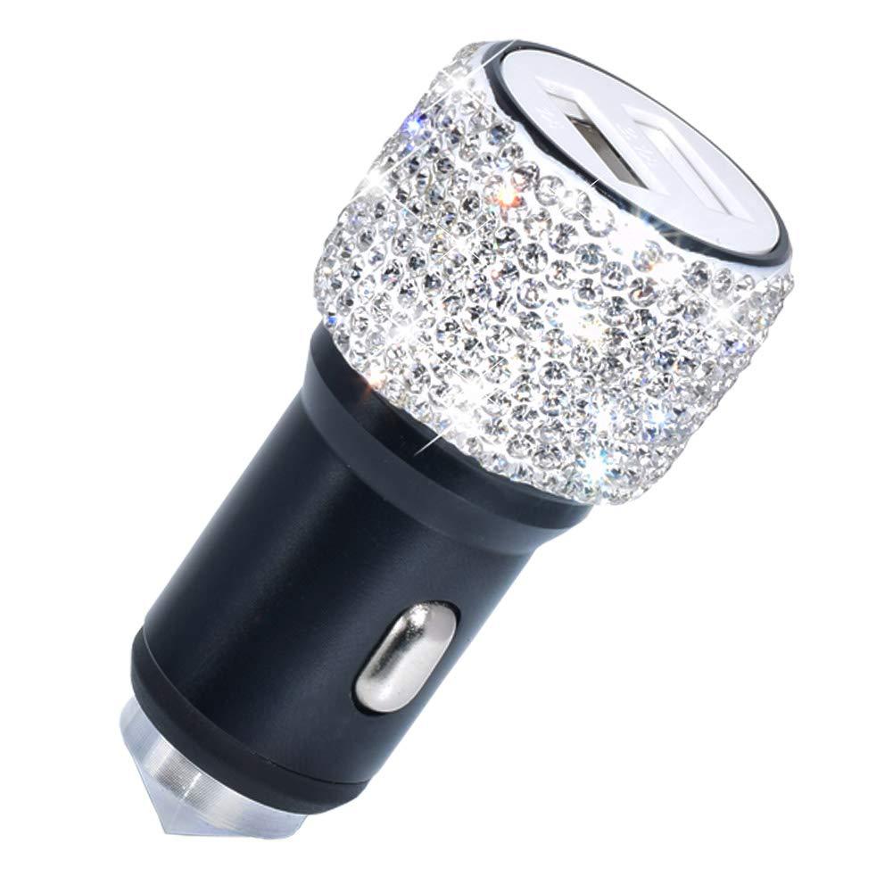 Diamond-mounted Dual USB Car Charger Multifunction Safety Hammer Fast Charging with Bling Rhinestones Aluminum Alloy Car Charger