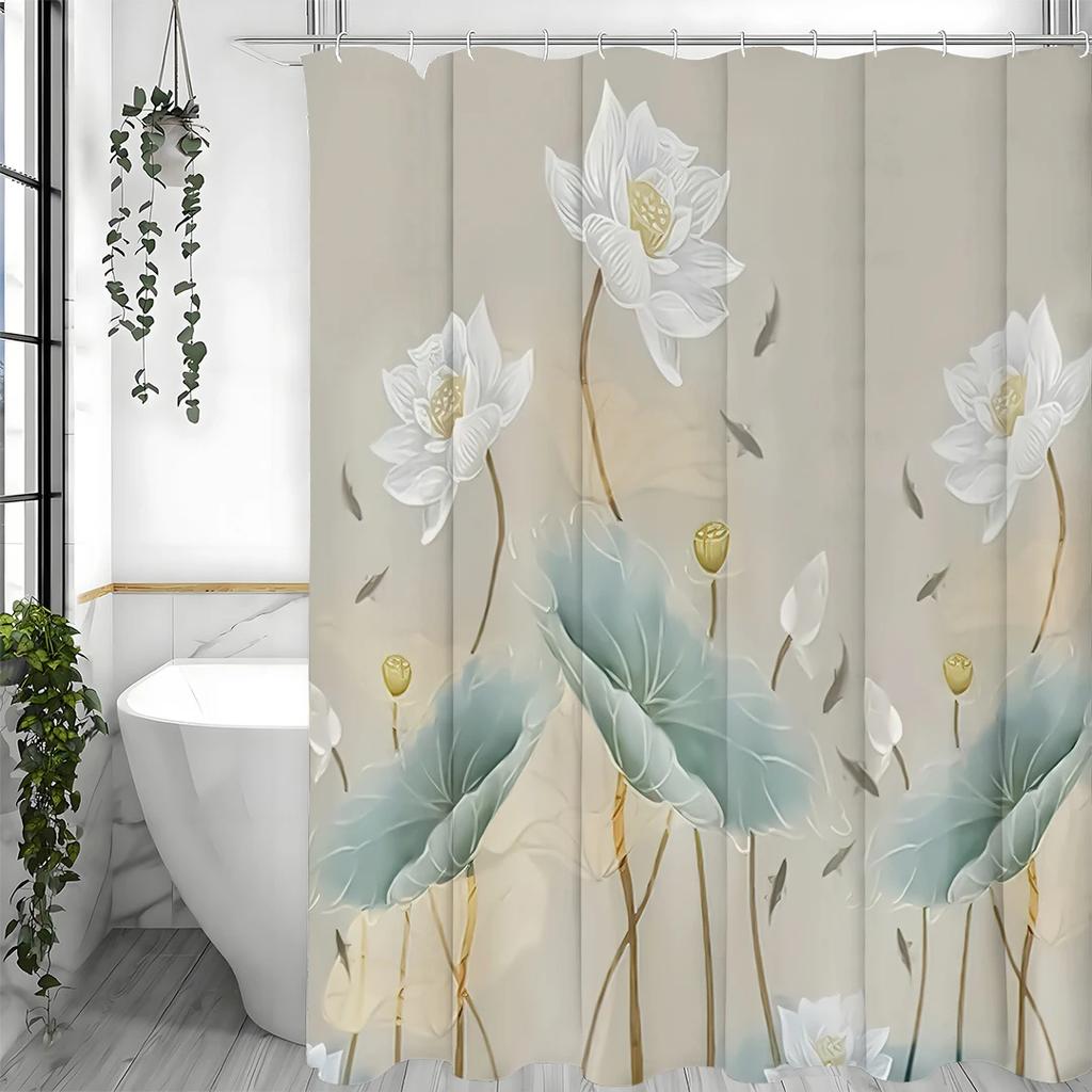 Chinese Ink Painting Lotus Flower Lotus Leaf Goldfish Shower Curtain, Bathroom Decorative Shower Curtain, Waterproof Shower Curt