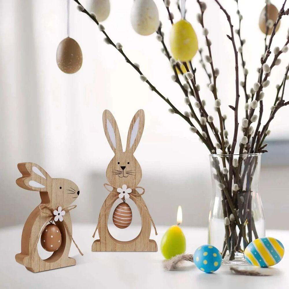 2Pcs/Set Cute Wood Easter Decoration Bunny and Eggs Festive Design Wooden Bunny Easter Tiered Tray Easter
