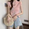 Top da donna in bambù ricamato stile qipao manica corta colletto alla mandarino spacco laterale casual aderente maglia blusa