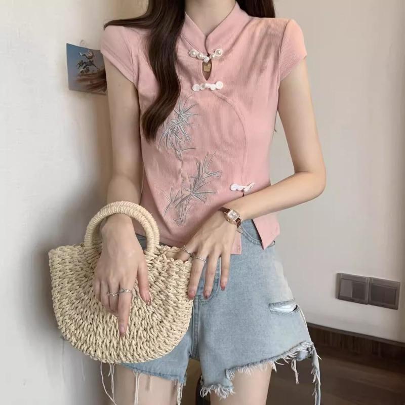 Top da donna in bambù ricamato stile qipao manica corta colletto alla mandarino spacco laterale casual aderente maglia blusa