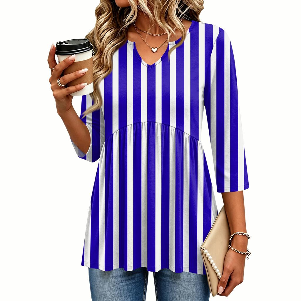 Women's Casual Striped Print V-Neck Three-Quarter Sleeve Blouse