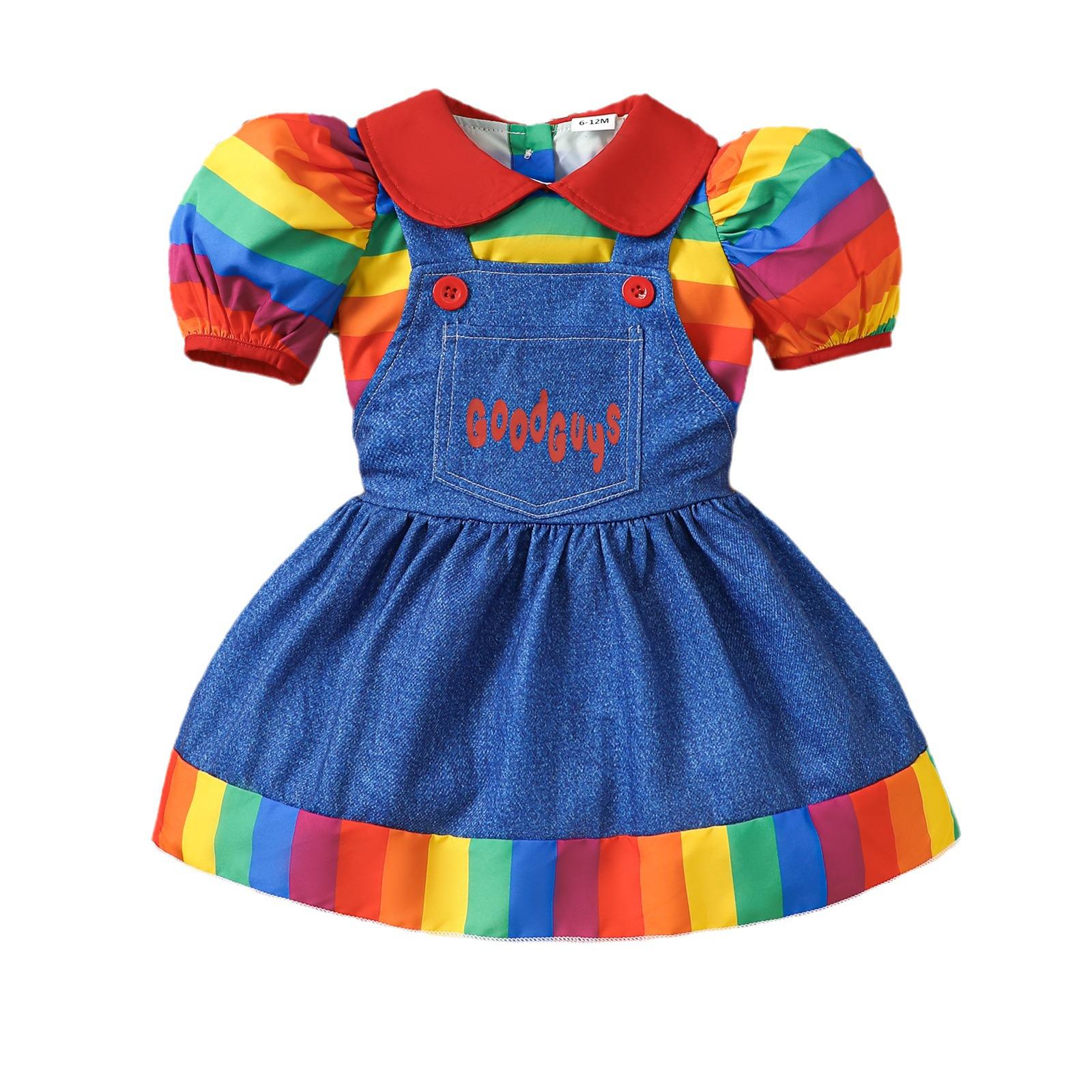 

Летний комплект для девочек 2024 года: футболка в радужную полоску и комбинезон из искусственного денима 3-4 Years