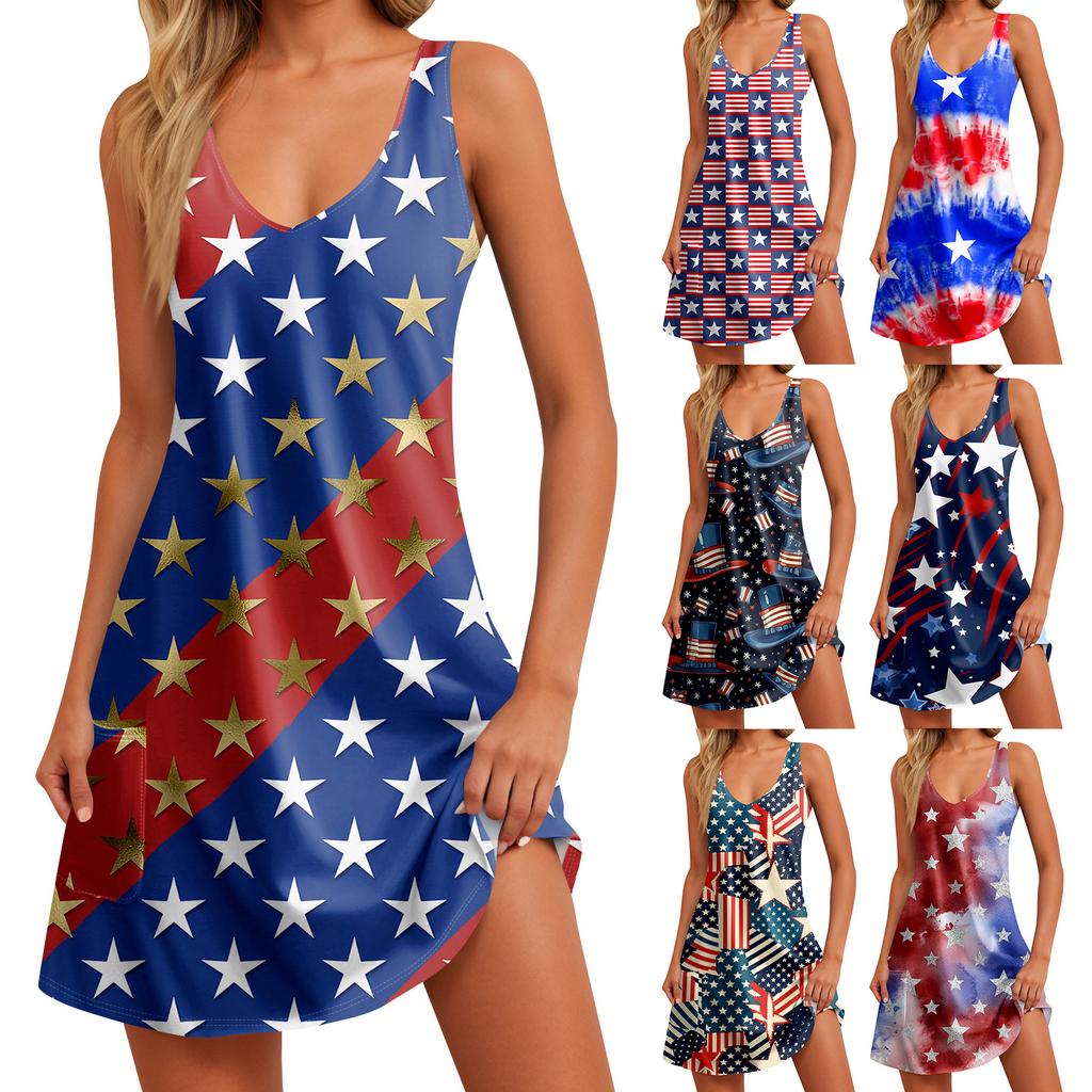 Women's Summer Casual Independence Day Printed Tank With Pockets Dresses