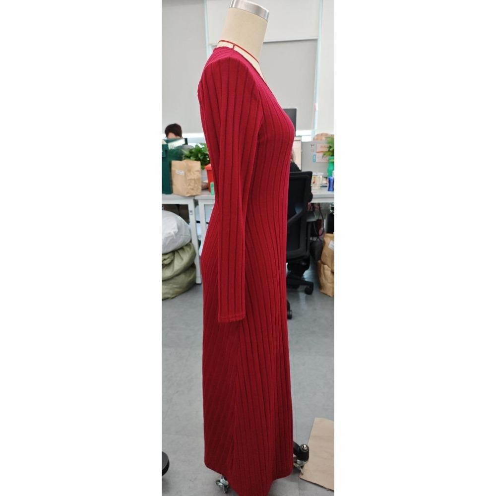 Fashion Slim A-line Maxi Dress for Women Autumn Winter Solid V-neck Bodycon Dress Long Sleeve Elastic Knitted Wedding Dresses