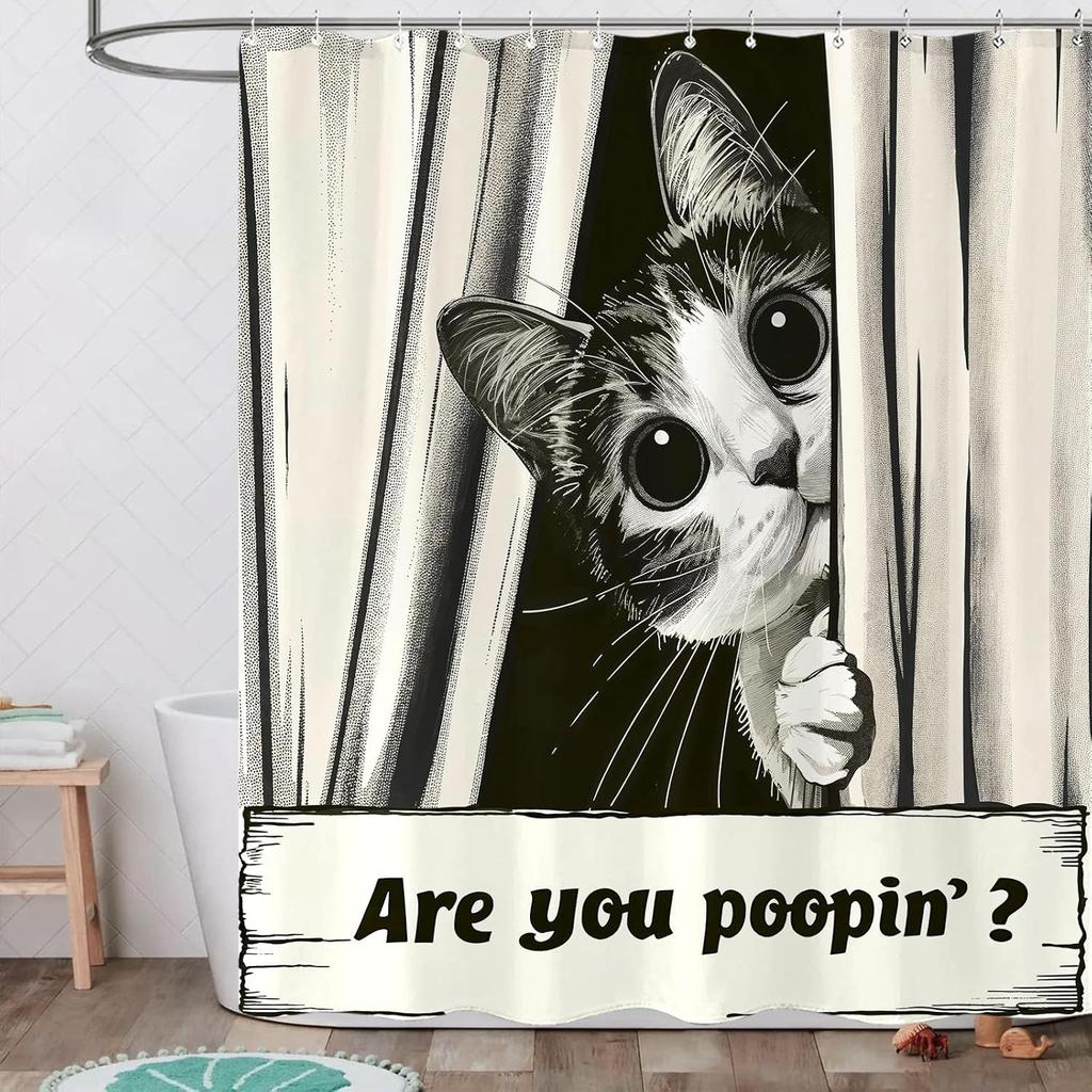 Funny Cat Shower Curtain, are You Poopin' Curious Kitty Whimsical Joke Humor Themed, Shower Curtain Set with 12 Hooks for