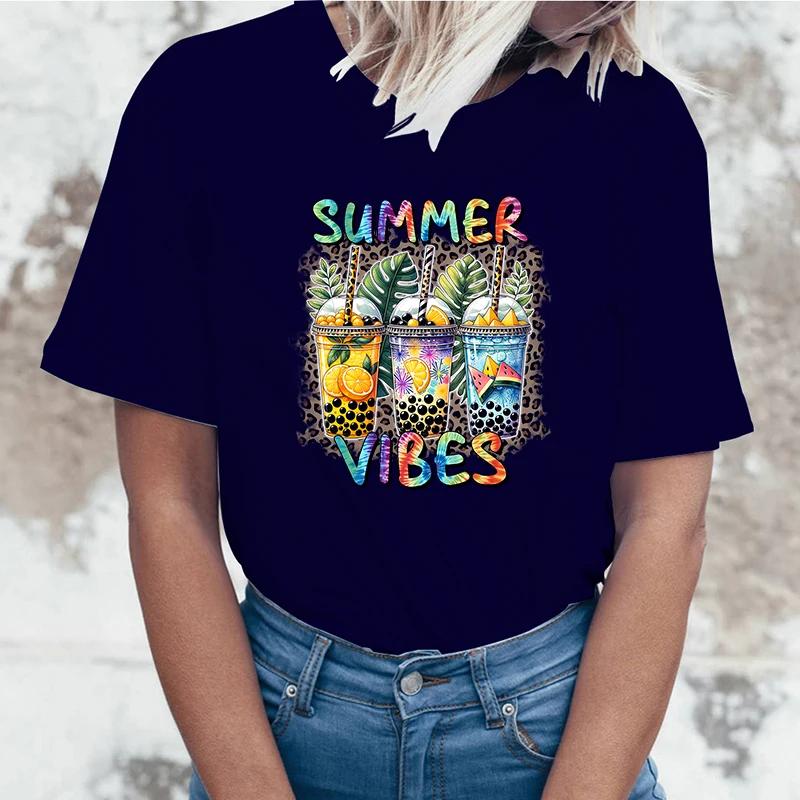 Funny Summer Vibes Letter Print T-Shirt Womans Casual Tops Summer Cool T Shirt Plus Size Tops Tees