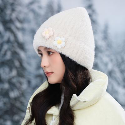 Autumn and Winter Hats for Women Thickened and Warm Flowers  Knitted Wool Hat Korean Baotou Hat  Outdoor Cold Protection Hat