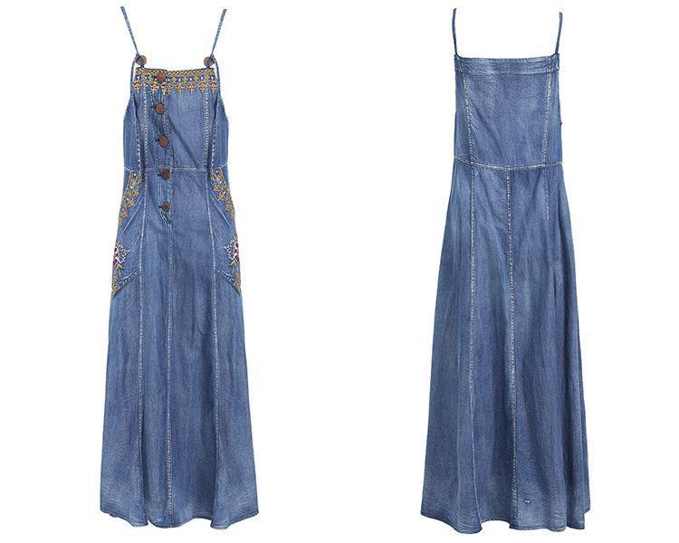 Ethnic Embroidered Denim Strappy Maxi Dress - Slimming Ankle-Length Style