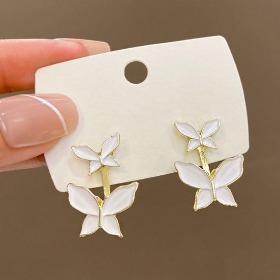 1 Pair Women White Butterfly Stud Earrings Hypoallergenic Lightweight Dual Butterflies Girls Metal Earrings Fashion Jewelry Accessories