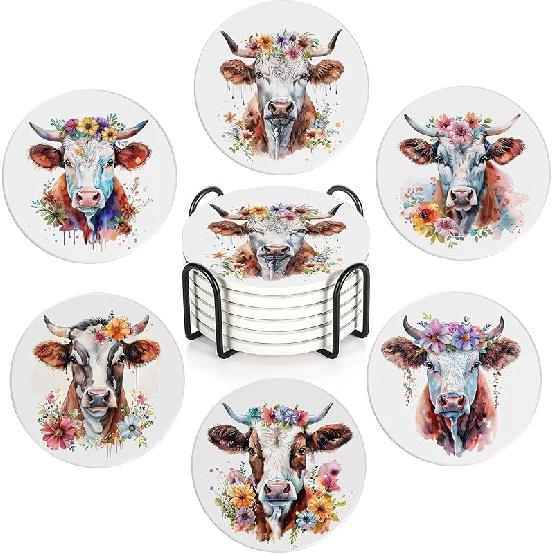 Drink Coasters Set of 6 with Holder, Cute Cats Absorbent Ceramic Coasters with Cork Base,Fit All Cups,Great Gift for Housewarming,Room