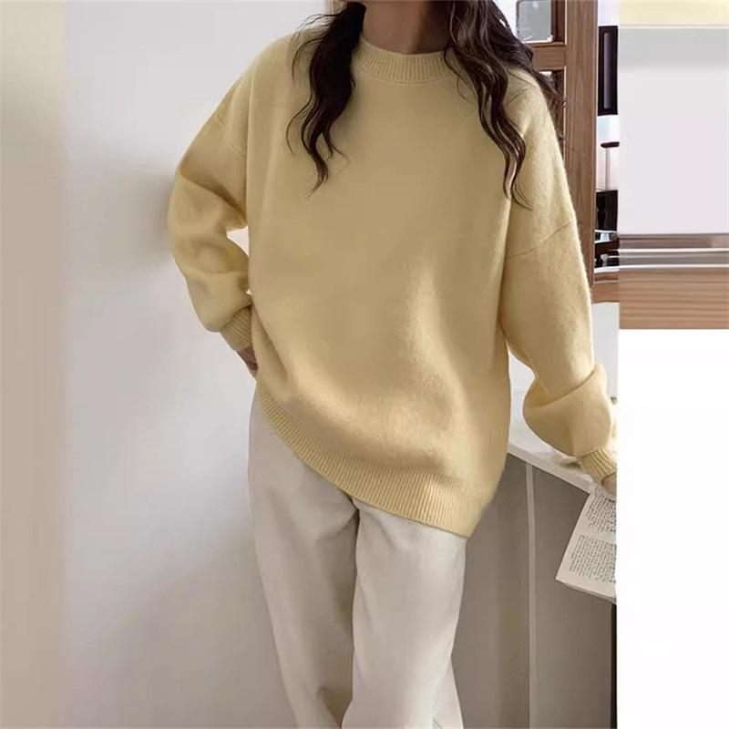Retro Solid Color Hong Kong Flavor Round Neck Pullover Sweater Women's Autumn and Winter New Wear Loose Simple Knitted Sweater Top