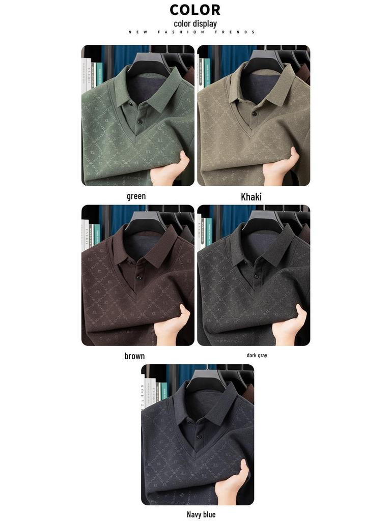 Fleece-Lined Two-Piece Lapel Polo Shirt: Men's Warm Autumn/Winter Casual Print Top