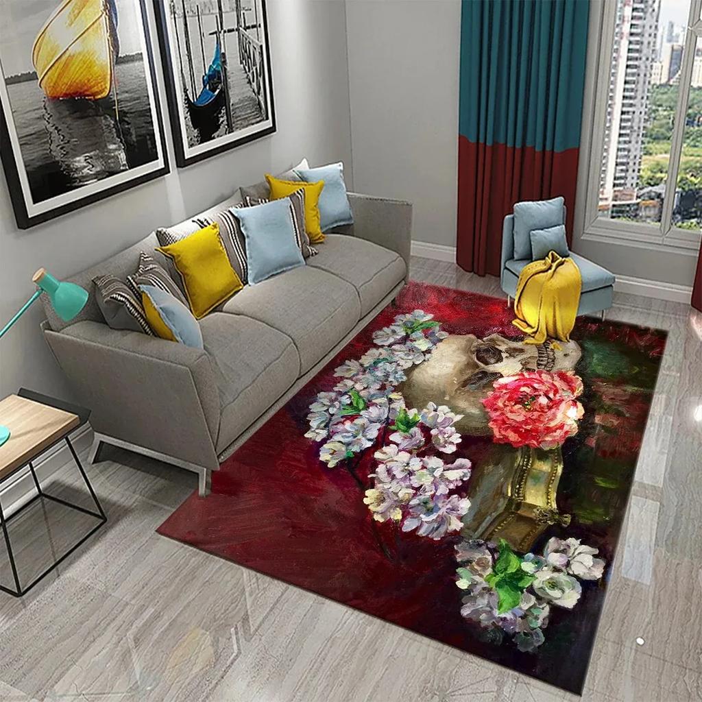 Flower Skull Carpet Skeleton Skull Bone Design Living Room Bedroom And Kitchen Bathroom Non-Slip Decor