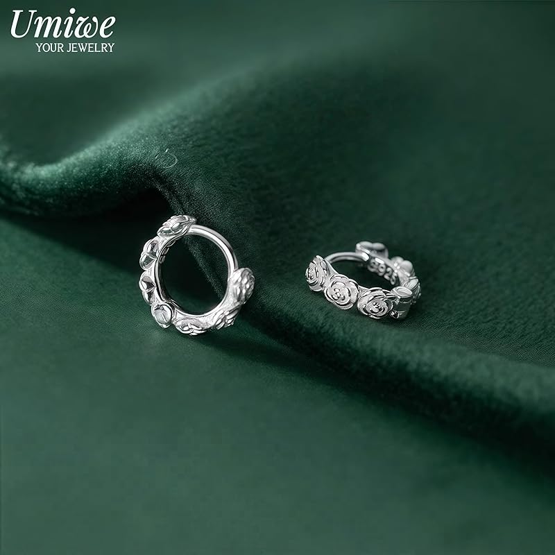 ring earrings Leave it on ladies second piercing S925 silver Compatible with metal allergies platinum plated both ears cute rose flower hoop earrings