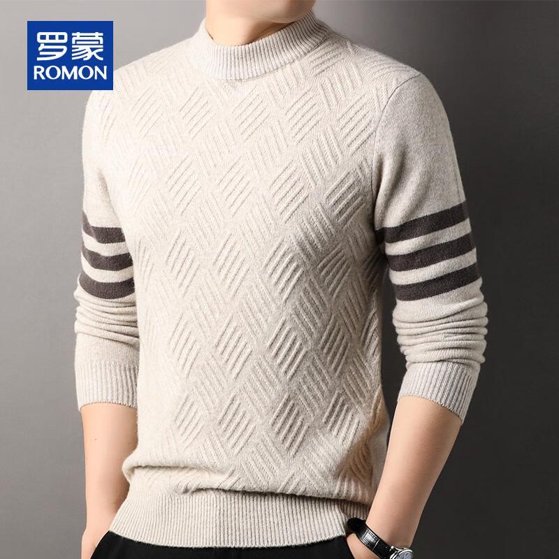 

ROMON Men s 100% Pure Wool Jacquard Stripe Half-High Collar Sweater XL