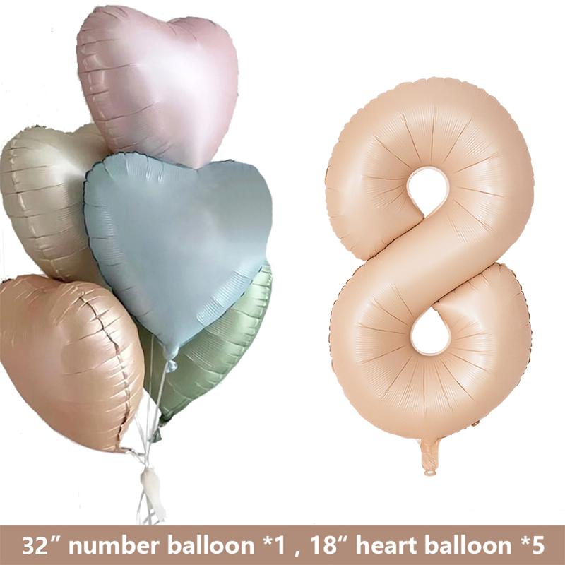 1set Retro Caramel Heart Balloons with 32inch Number Foil Balloon For Kids 1st Birthday Party DIY Decoration Supplies Wedding