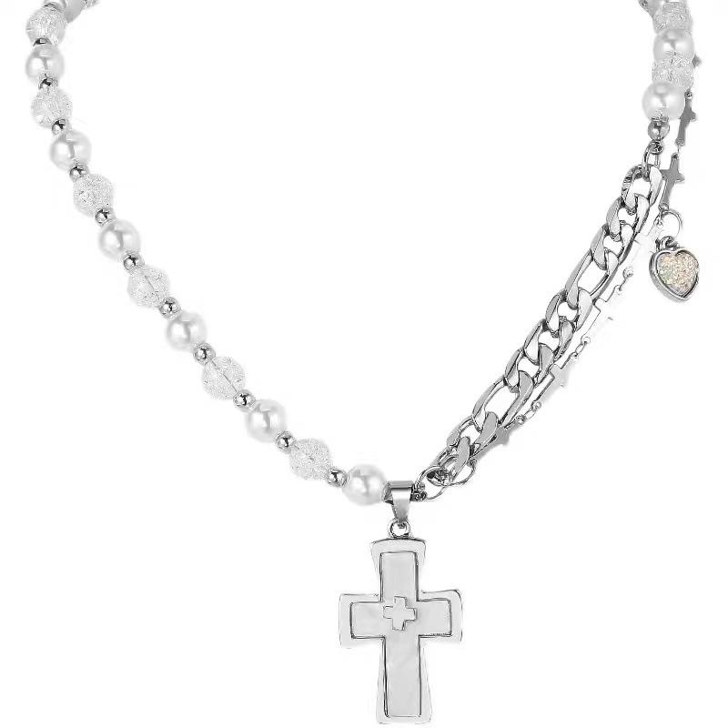 Design Guochao Pearl Splicing Cross Pendant Personalized Hip Hop Necklace Clavicle Chain Titanium Steel Accessories