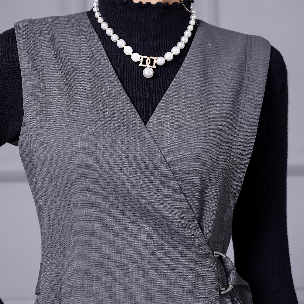 Zhili 2025 V-Neck Gray Slim Fit Midi Vest Dress - Simple, Elegant Spring Style