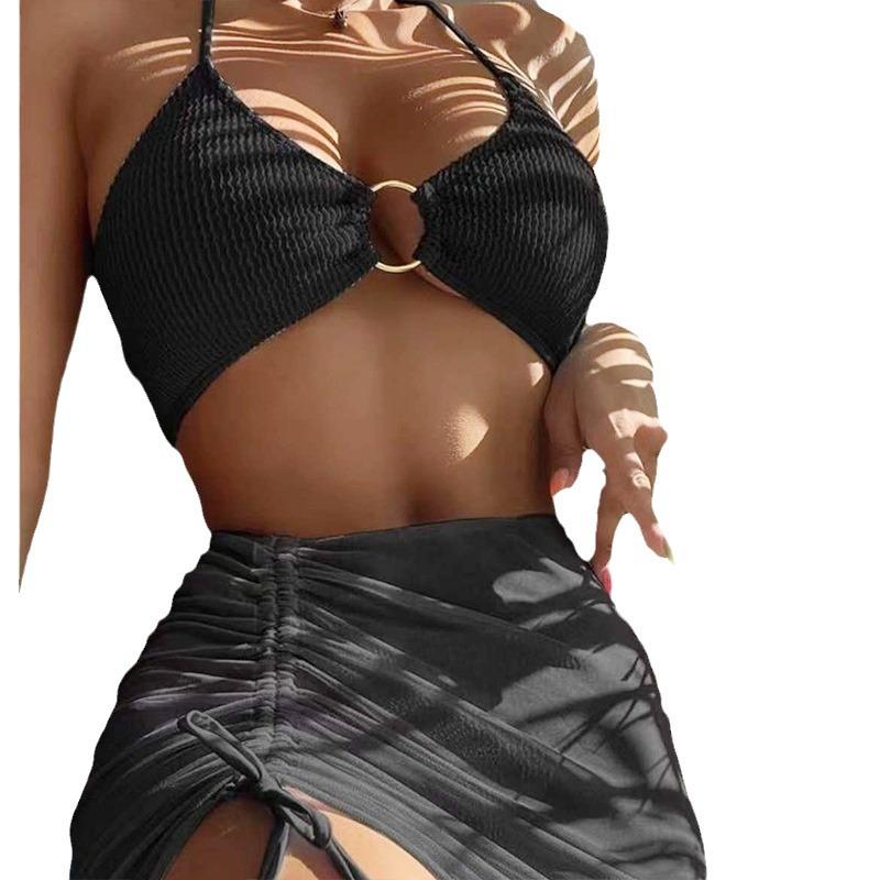 2024 Ruffled Steel Ring Bikini Three-Piece Set - European & American Women's Swimsuit