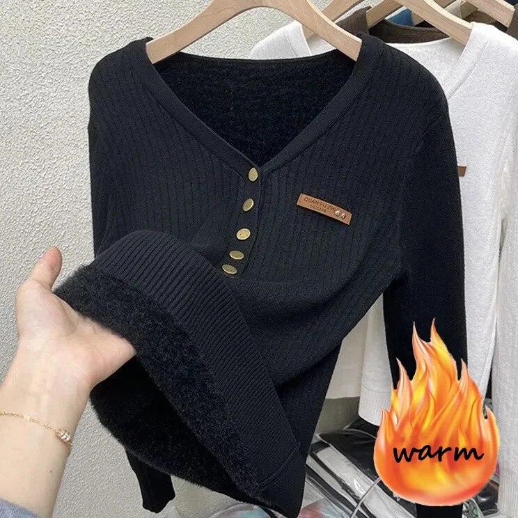 Thicken Warm Plus Velvet Winter Sweaters Women Casual V-neck Button Decoration Design Basic Solid Knit Pullover Bottomed Jumpers