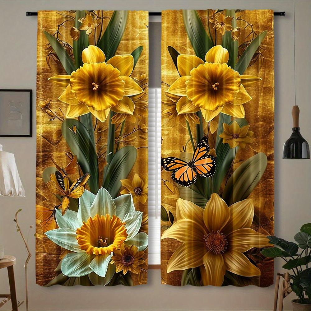 2pcs Semi-Transparent Yellow Sunflower Print Curtains Rod Pocket Design for Bedroom Office Kitchen & Living Room Window Decor