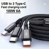 100W 6A USB-A to 3 Type-C Fast Charging Data Cable For Samsung S24 Xiaomi Huawei Android Phone 3 In 1 USB C Data Transfer Cord