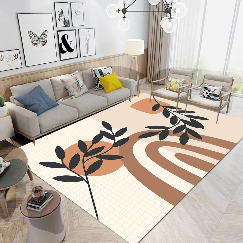 Boho Mid Century Style Area Rug Modern Plant Leaves Carpet Non Slip Abstract Art Floor Mat for Living Room Bathroom Office Decor
