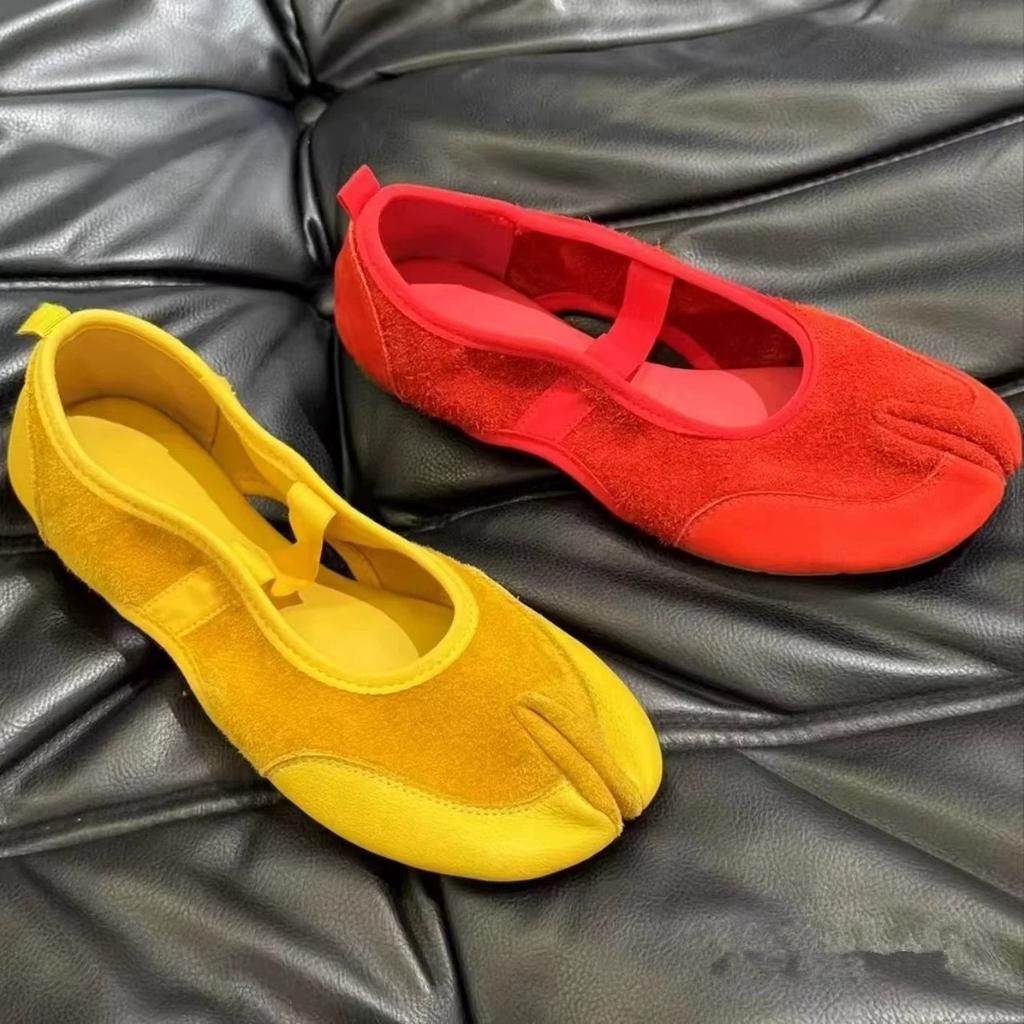 Sheepskin version~ niche design elastic one-word strap Mary Jane shoes split-toe shallow mouth single shoes women's ballet flats