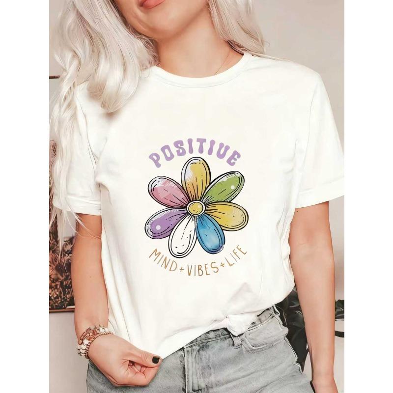 Oversized T-Shirt Black Positive Mind Vibes Life Flower Graphic Print Casual Wear