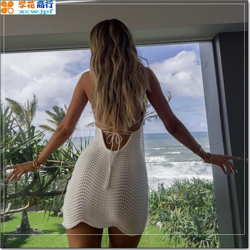 

Женское модное платье без рукавов с открытой спиной, новинка 2023 года, трансграничное, вязаное, короткая юбка-футляр на бретелях, сексуальное White L