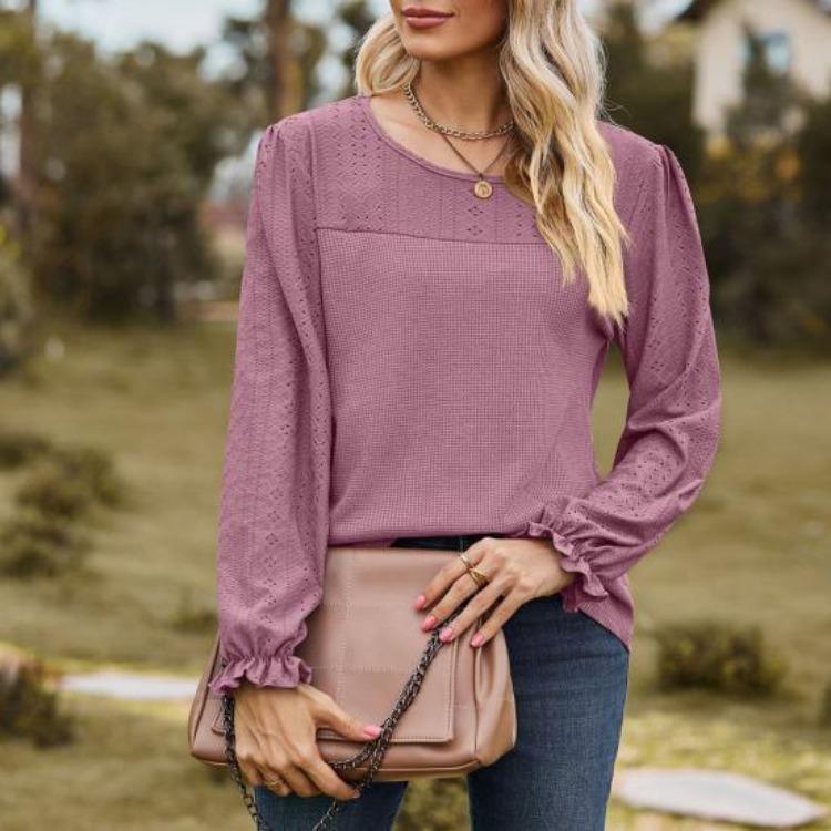 Breathable Mesh Long Sleeve Tops for Women Solid Color Puff Sleeve T Shirt Round Neck Casual Daily Wear