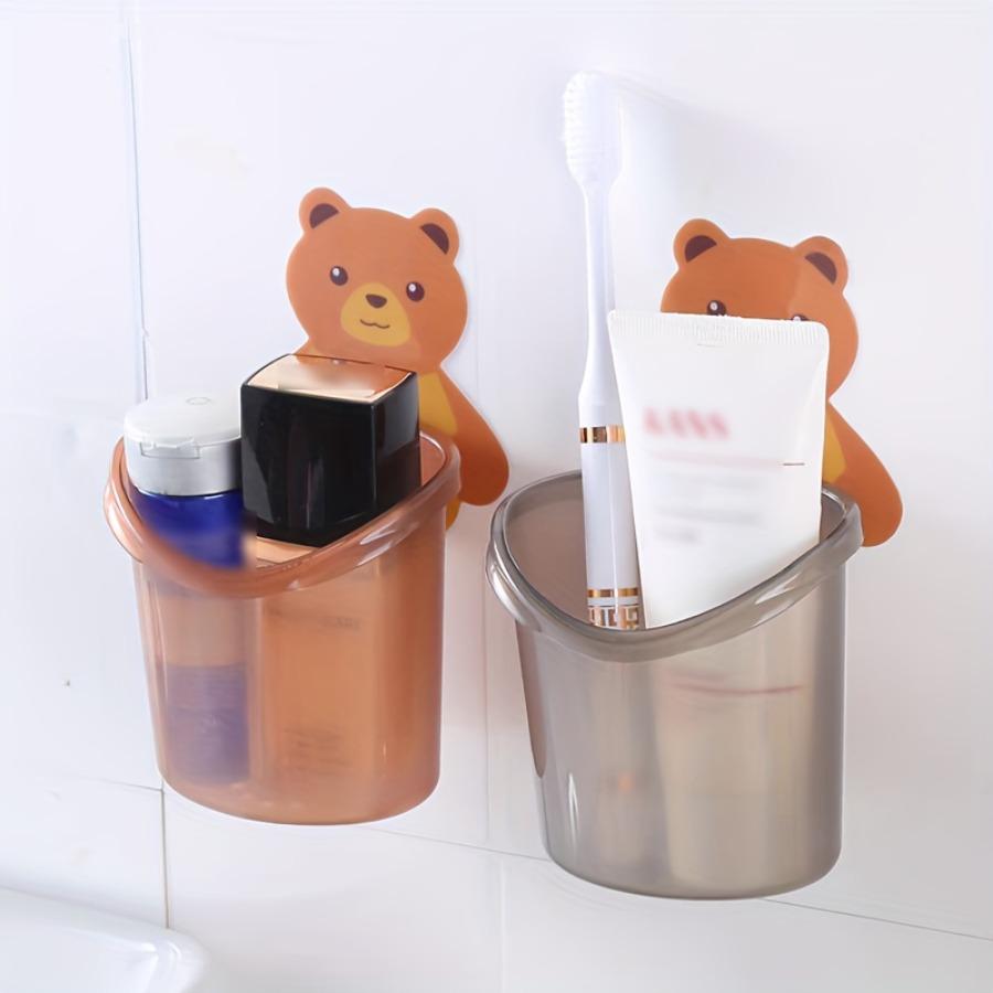 Set of 3 Cute Bear Wall-Mounted Sticky Storage Cups, Plastic Toothbrush Holder with Drainage Feature, No Power Required for Bathroom Storage Rack