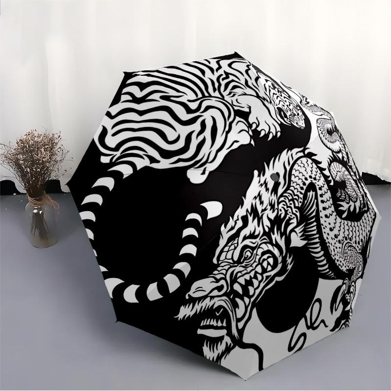 1pc Tiger Dragon YinYang Automatic Open/close, Heavy-Duty Iron Frame & 8-Rib Structure, Compact Folding Umbrella for Women/Men, All-Season Travel, Hal