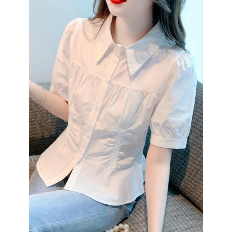 Women White Puff Sleeve Ruched Peplum Button Up Collared Blouse S белый