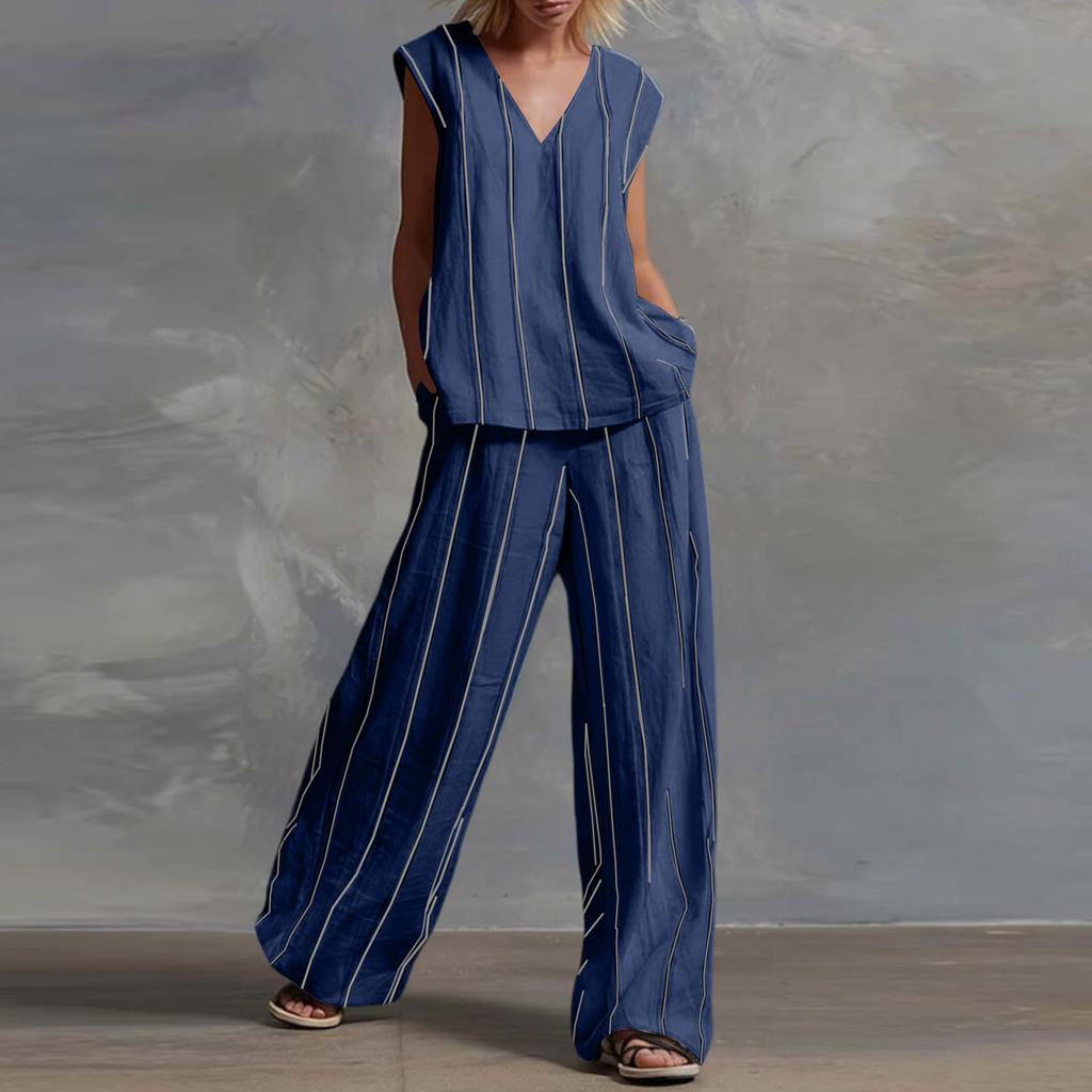Ladies' Fashionable Casual V-neck Striped Top And Casual Pants Two-piece Set