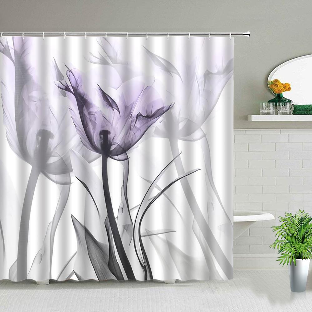 Waterproof Shower Curtain Set Flowers Arch Bridge Landscape Home Decor Bathroom Curtain Polyester Fabric Background Wall Decor