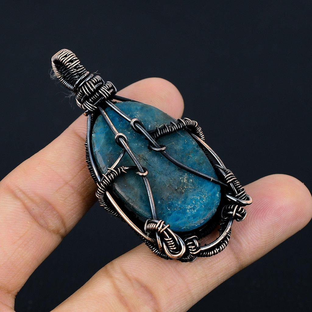 Neon Blue Apatite Gemstone Pendant 999 Copper Wire Wrapped Jewelry, Handmade Antique Pendant Jewelry, Gift For Mother
