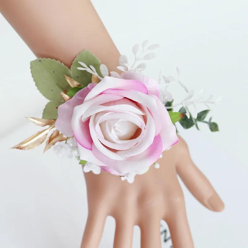 6pcs White Pink Corsage and Boutonniere Set Artificial Rose Wristlet Suit Flower for Men Wedding Party Prom Decoration