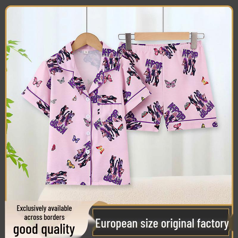 Short-Sleeve Anime Print Pajama Set for Girls - European/American Style 120cm