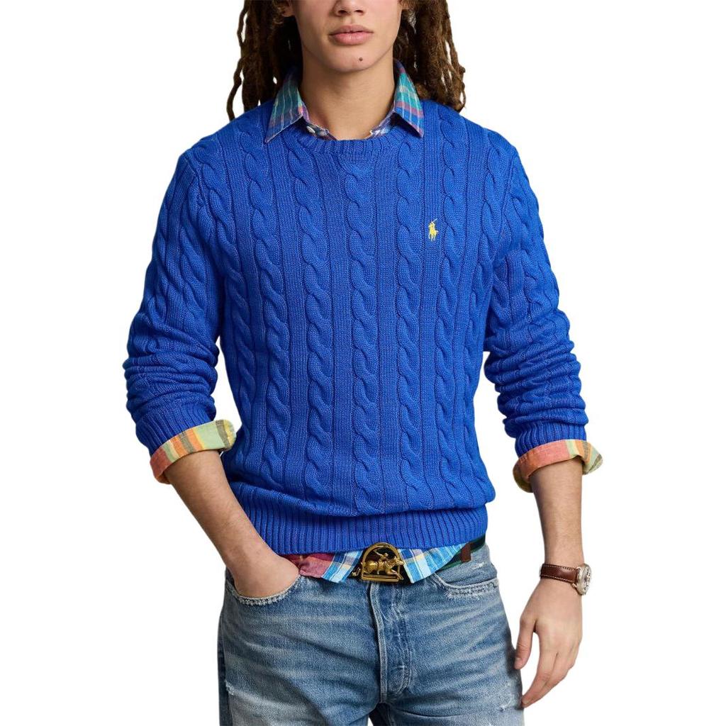 Polo Ralph Lauren SS24 Solid Color Thick Cable Knit Crew Neck Casual Long Sleeve Sweater Men Sweater Cobalt-Blue 710775885-504
